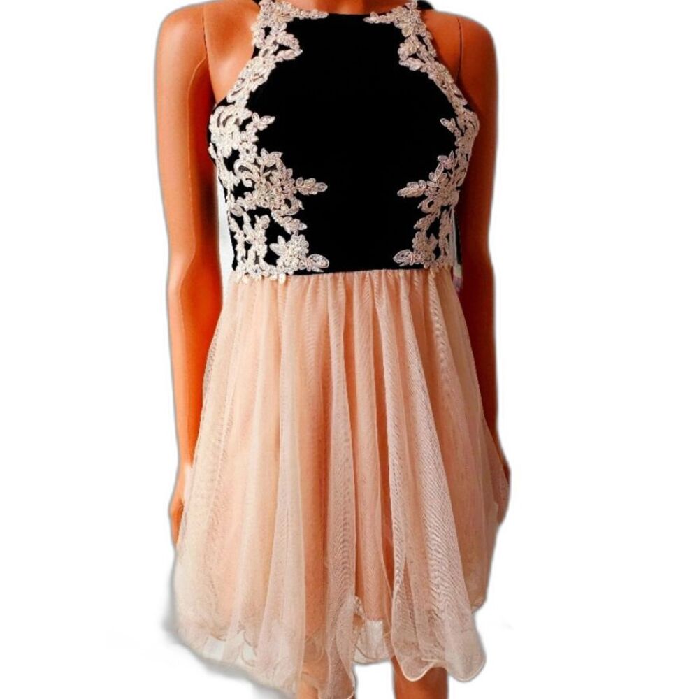 Blondie Nites Black & Pink Lace Halter Mini Dress NWT Size 1
